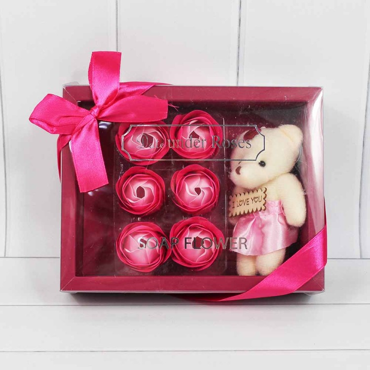 45026/4 Мыльные розы розовые градиент и Мишка  в коробке 6шт